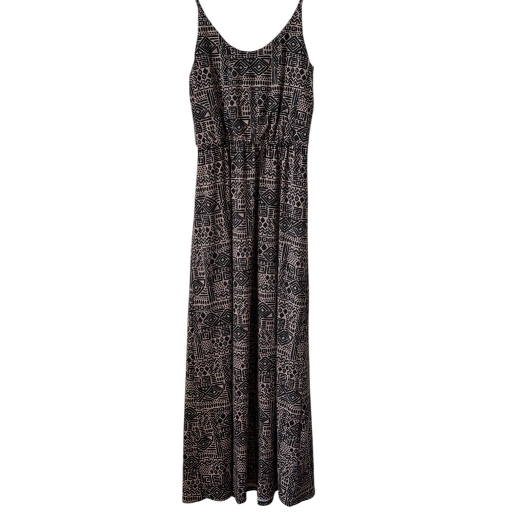 Socialite Geo Tribal Print  Maxi Dress Sz S black Tan Stretchy Soft Comfy Casual